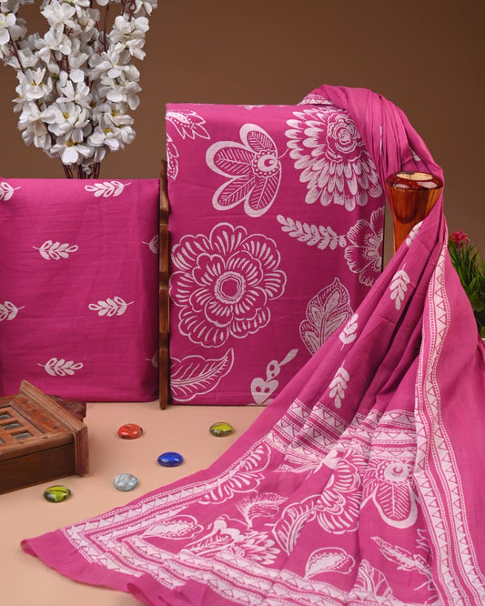 Designer Hand Block Printed Cotton Suit Set With Cotton Dupatta