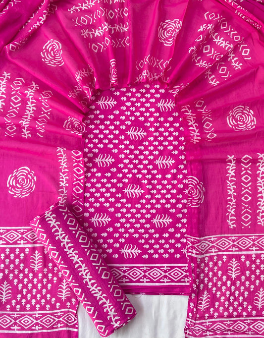 Pure Soft Cotton Hand Block Printed Suit Set With Cotton Dupatta