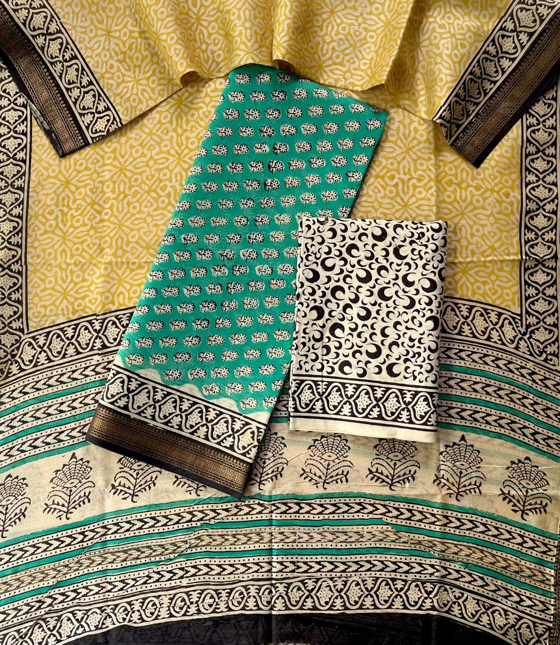 Premium Designer Handblock Printed Maheshwari Silk Suit Set