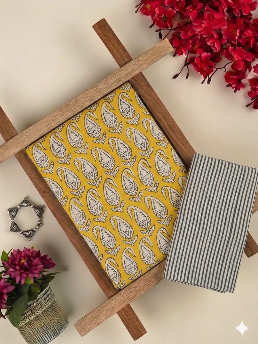 Pure Soft Cotton Handblock Printed 2PC Top-Bottom Suit Set (2.50 Meter Each)