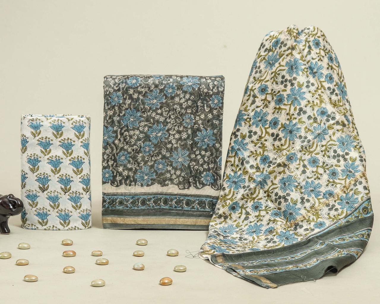 Designer Handblock Printed Chanderi Silk Suit Set