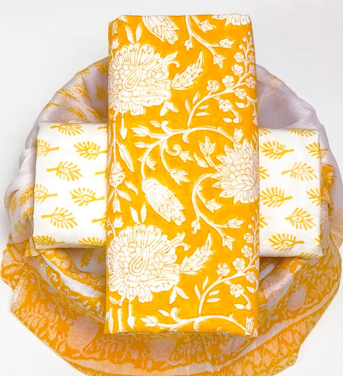 Pure Cotton Hand Block Printed Suit Set With Chiffon Dupatta