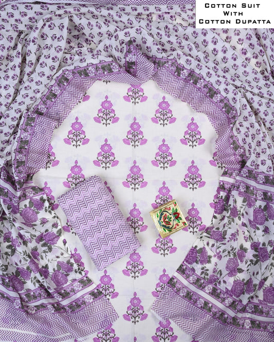 Designer Hand Block Printed Cotton Suit Set With Cotton Dupatta