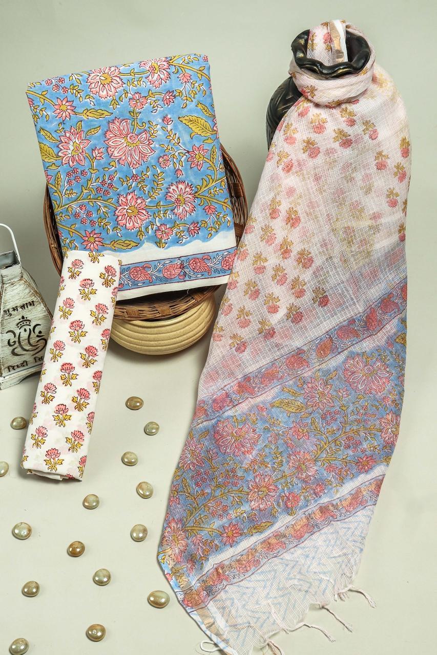 Pure Cotton Hand Block Printed Suit Set With Kota Doria Dupatta
