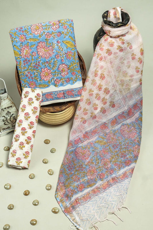Pure Cotton Hand Block Printed Suit Set With Kota Doria Dupatta