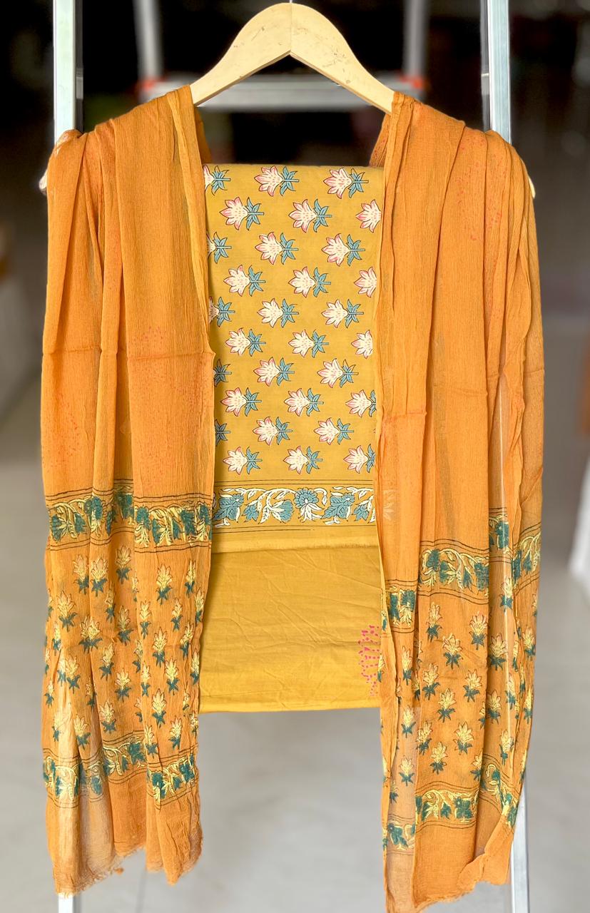 Pure Cotton Hand Block Printed Suit Set With Chiffon Dupatta