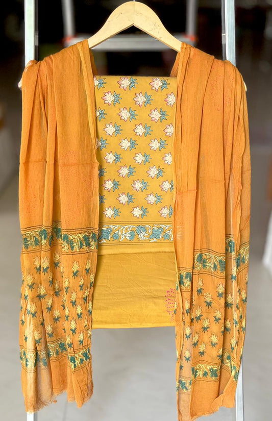 Pure Cotton Hand Block Printed Suit Set With Chiffon Dupatta