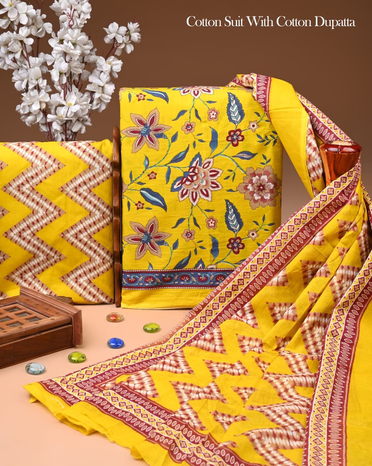 Designer Hand Block Printed Cotton Suit Set With Cotton Dupatta