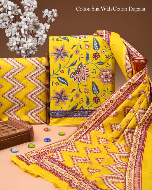 Designer Hand Block Printed Cotton Suit Set With Cotton Dupatta