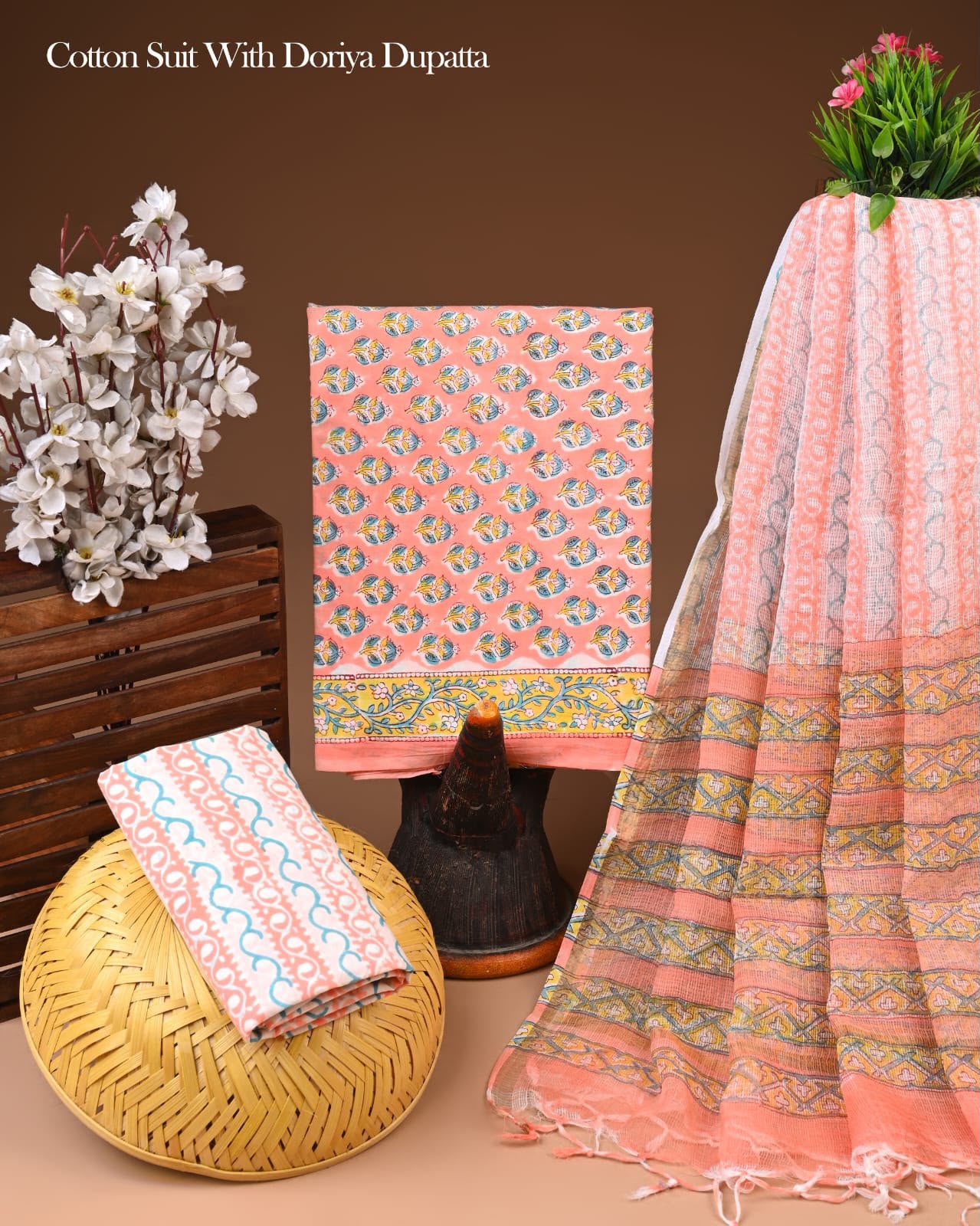 Pure Cotton Hand Block Printed Suit Set With Kota Doria Dupatta