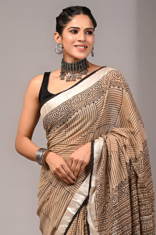 Pure Cotton Linen Handblock Printed Saree With Blouse