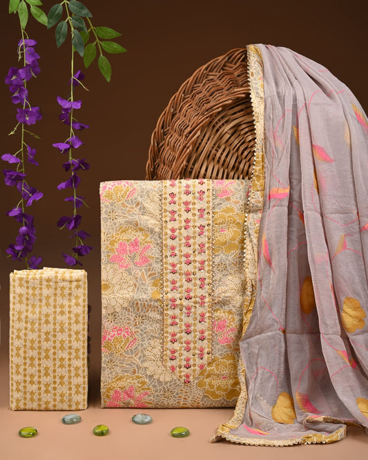 Premium Gota Patti Work Cotton Suit Set With Chiffon Dupatta