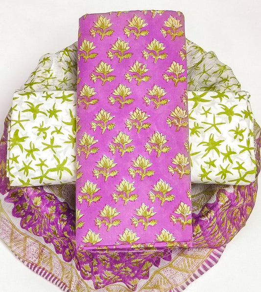 Pure Cotton Hand Block Printed Suit Set With Chiffon Dupatta