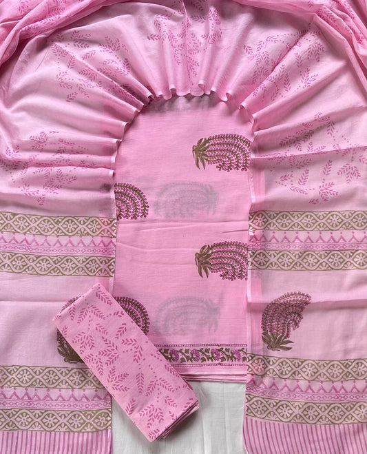 Pure Soft Cotton Hand Block Printed Suit Set With Cotton Dupatta