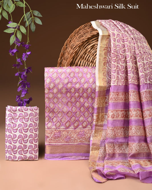 Premium Designer Handblock Printed Maheshwari Silk Suit Set