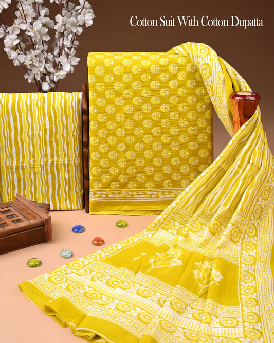 Pure Soft Cotton Hand Block Printed Suit Set With Cotton Dupatta