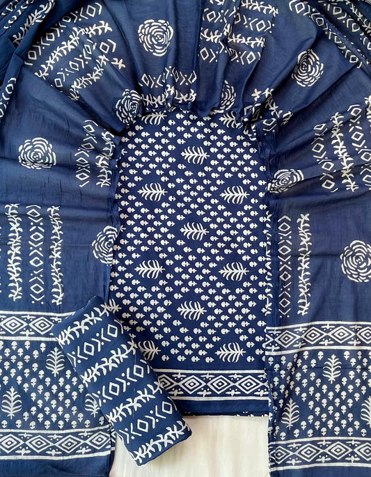 Pure Soft Cotton Hand Block Printed Suit Set With Cotton Dupatta