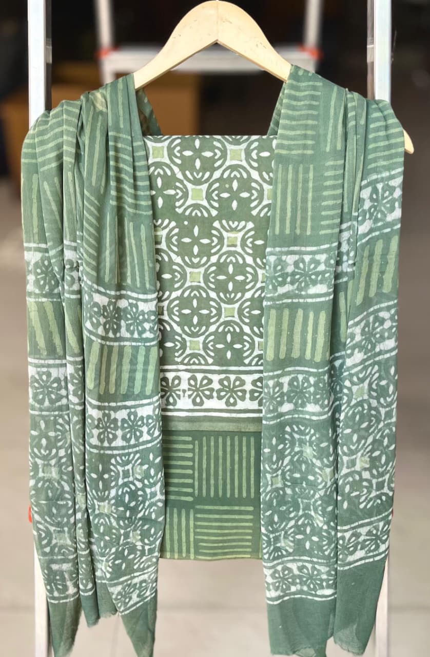 Pure Cotton Hand Block Printed Suit Set With Chiffon Dupatta