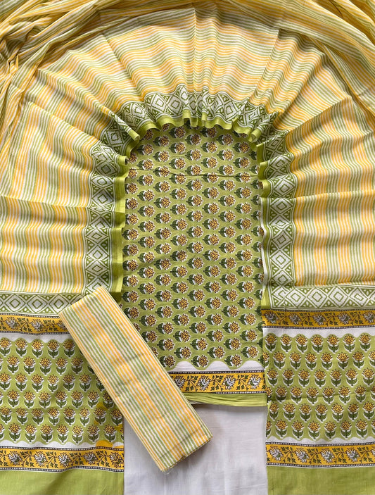 Pure Soft Cotton Hand Block Printed Suit Set With Cotton Dupatta