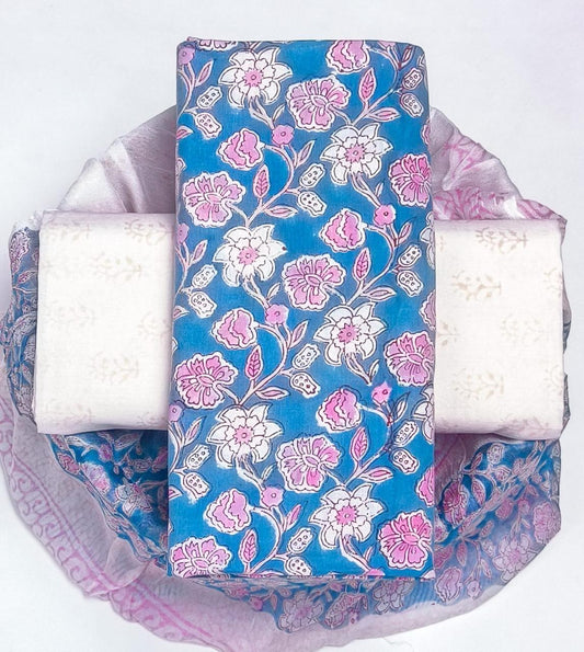 Pure Cotton Hand Block Printed Suit Set With Chiffon Dupatta