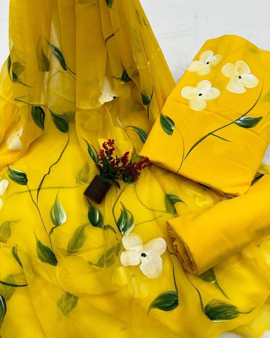 Pure Cotton Hand Block Printed Suit Set With Chiffon Dupatta