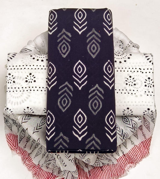 Pure Cotton Hand Block Printed Suit Set With Chiffon Dupatta