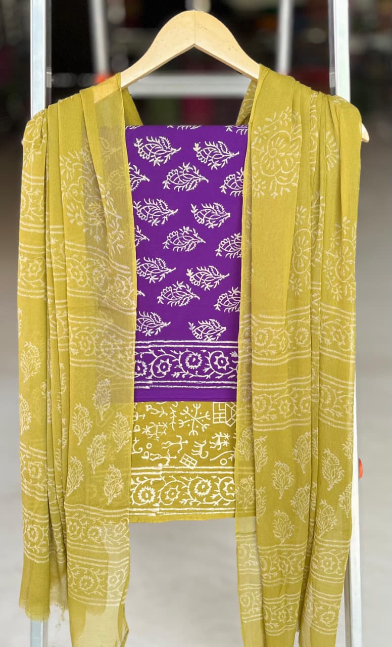 Pure Cotton Hand Block Printed Suit Set With Chiffon Dupatta