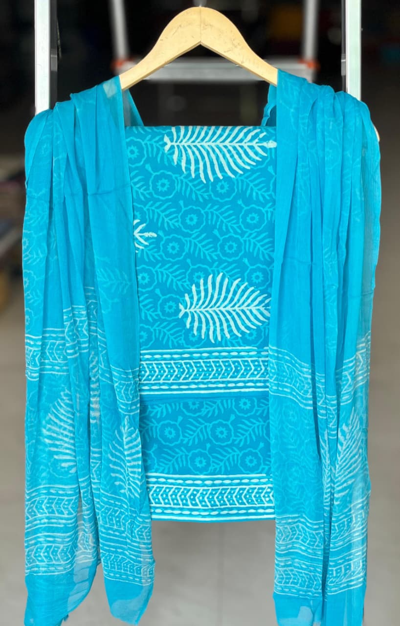 Pure Cotton Hand Block Printed Suit Set With Chiffon Dupatta
