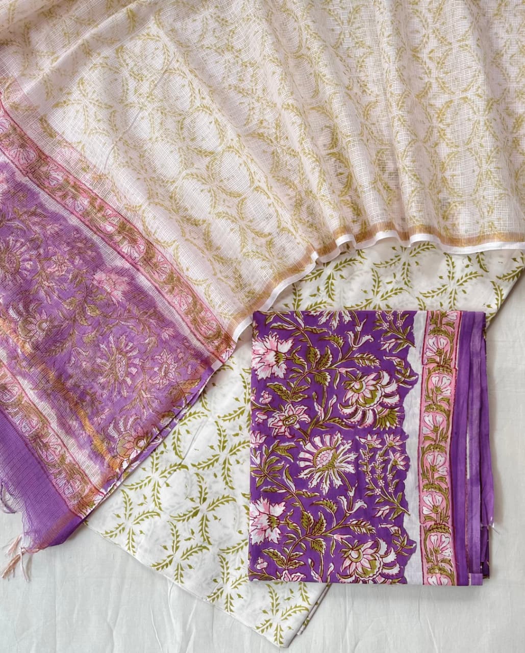 Pure Cotton Hand Block Printed Suit Set With Kota Doria Dupatta