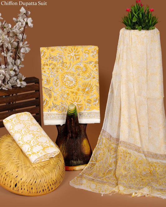 Pure Cotton Hand Block Printed Suit Set With Chiffon Dupatta