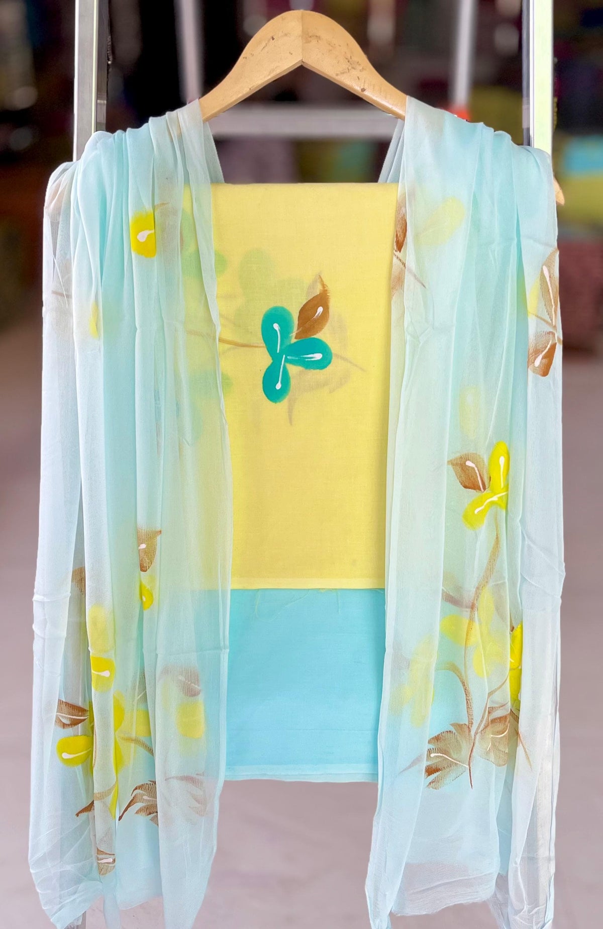 Pure Cotton Hand Block Printed Suit Set With Chiffon Dupatta