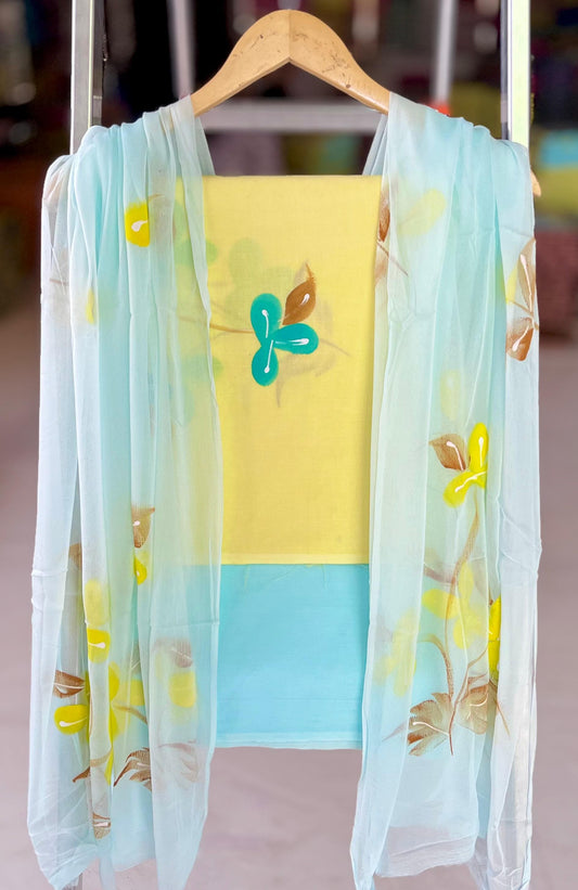 Pure Cotton Hand Block Printed Suit Set With Chiffon Dupatta