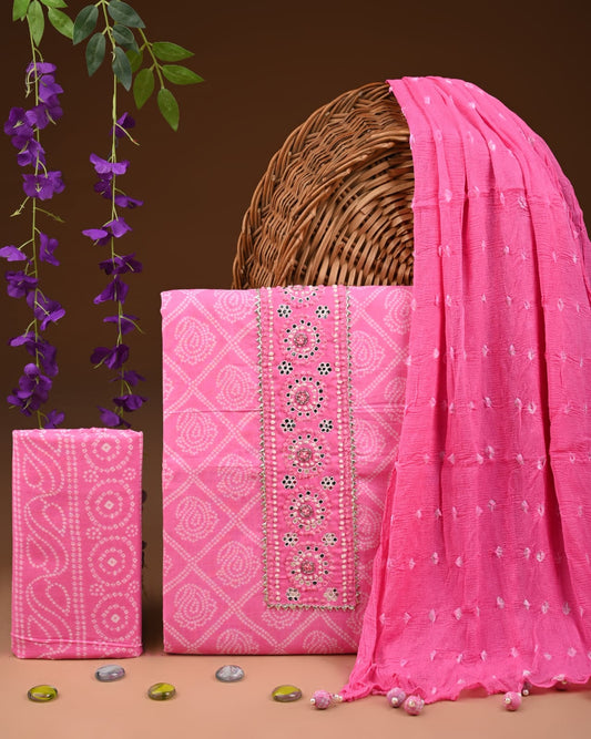 Premium Gota Patti Work Cotton Suit Set With Chiffon Dupatta