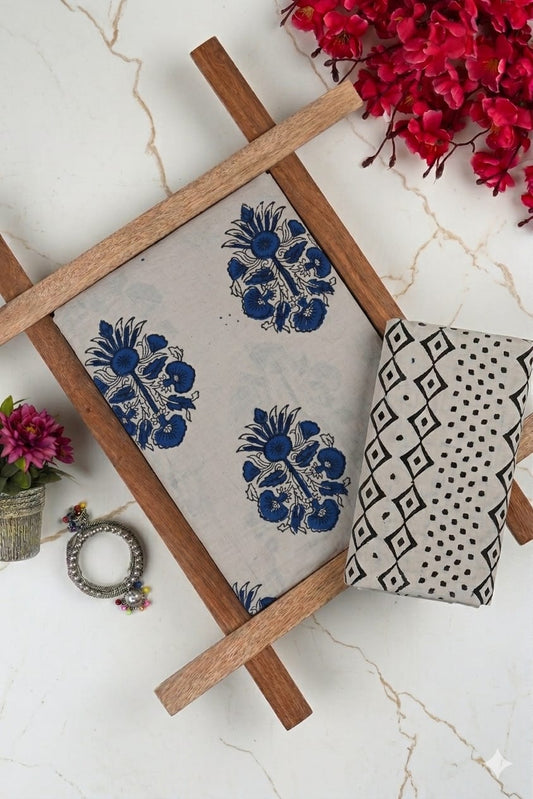 Pure Soft Cotton Handblock Printed 2PC Top-Bottom Suit Set (2.50 Meter Each)