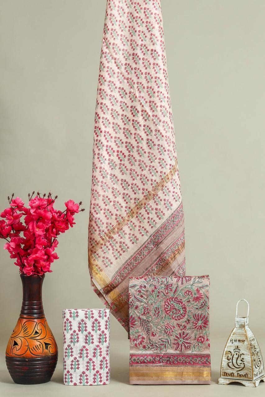 Designer Handblock Printed Maheshwari Silk Suit Set