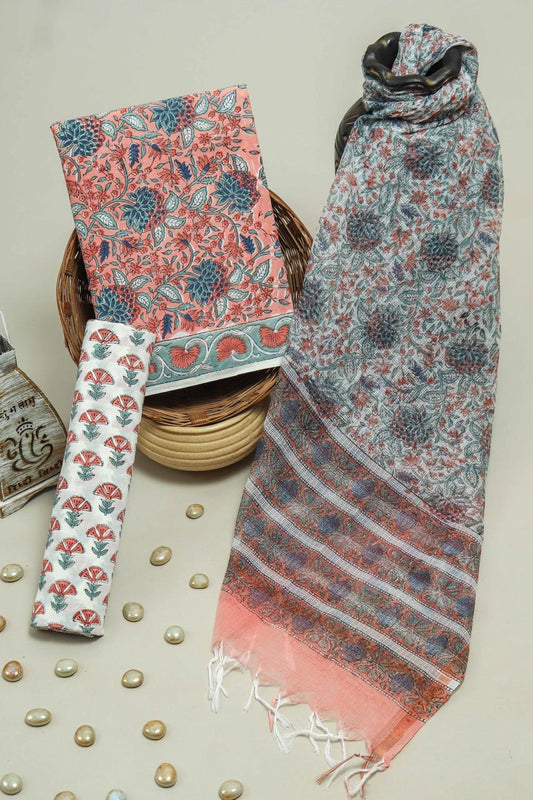 Pure Cotton Hand Block Printed Suit Set With Kota Doria Dupatta