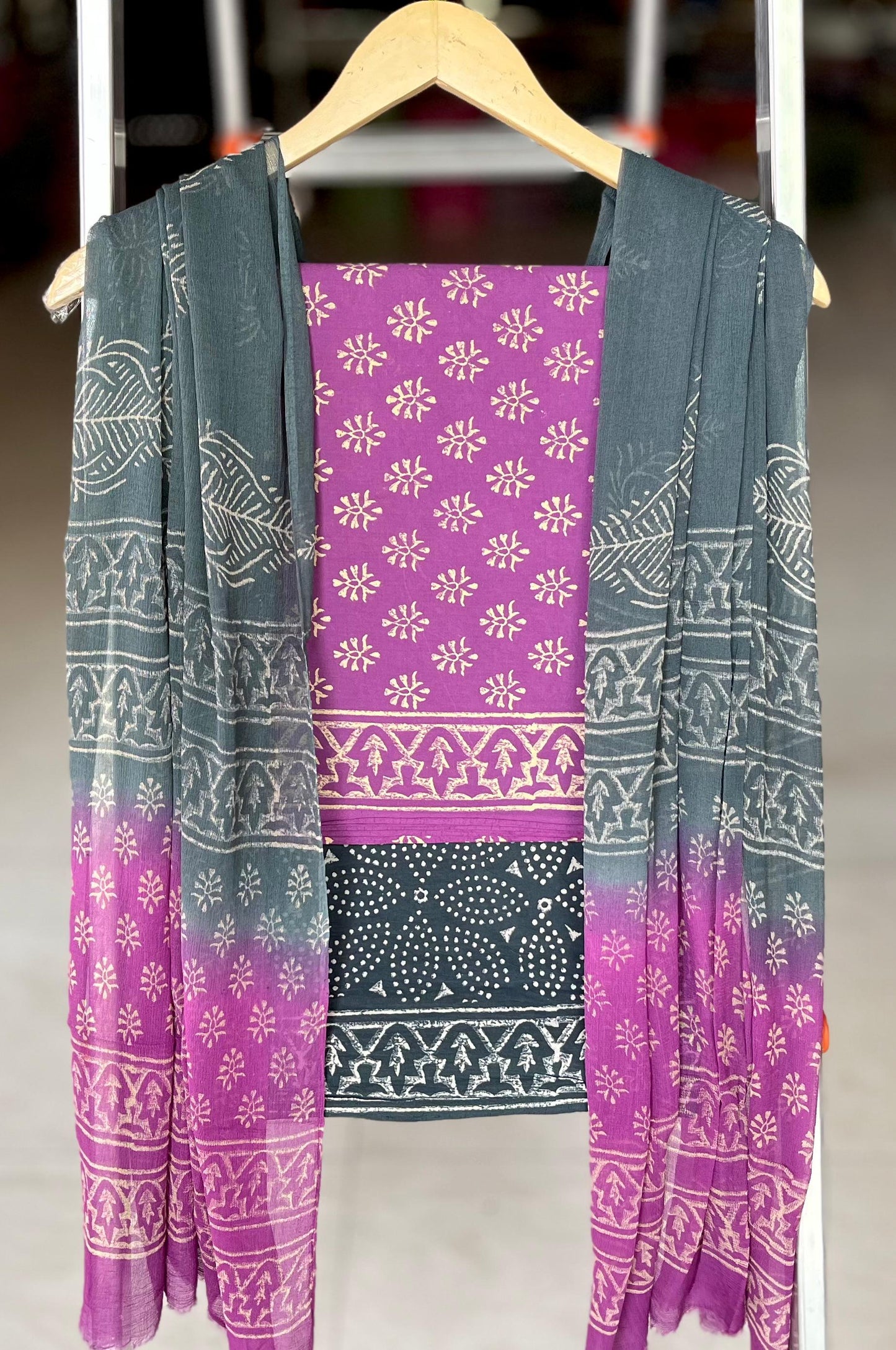 Pure Soft Cotton Hand Block Printed Suit Set With Chiffon Dupatta