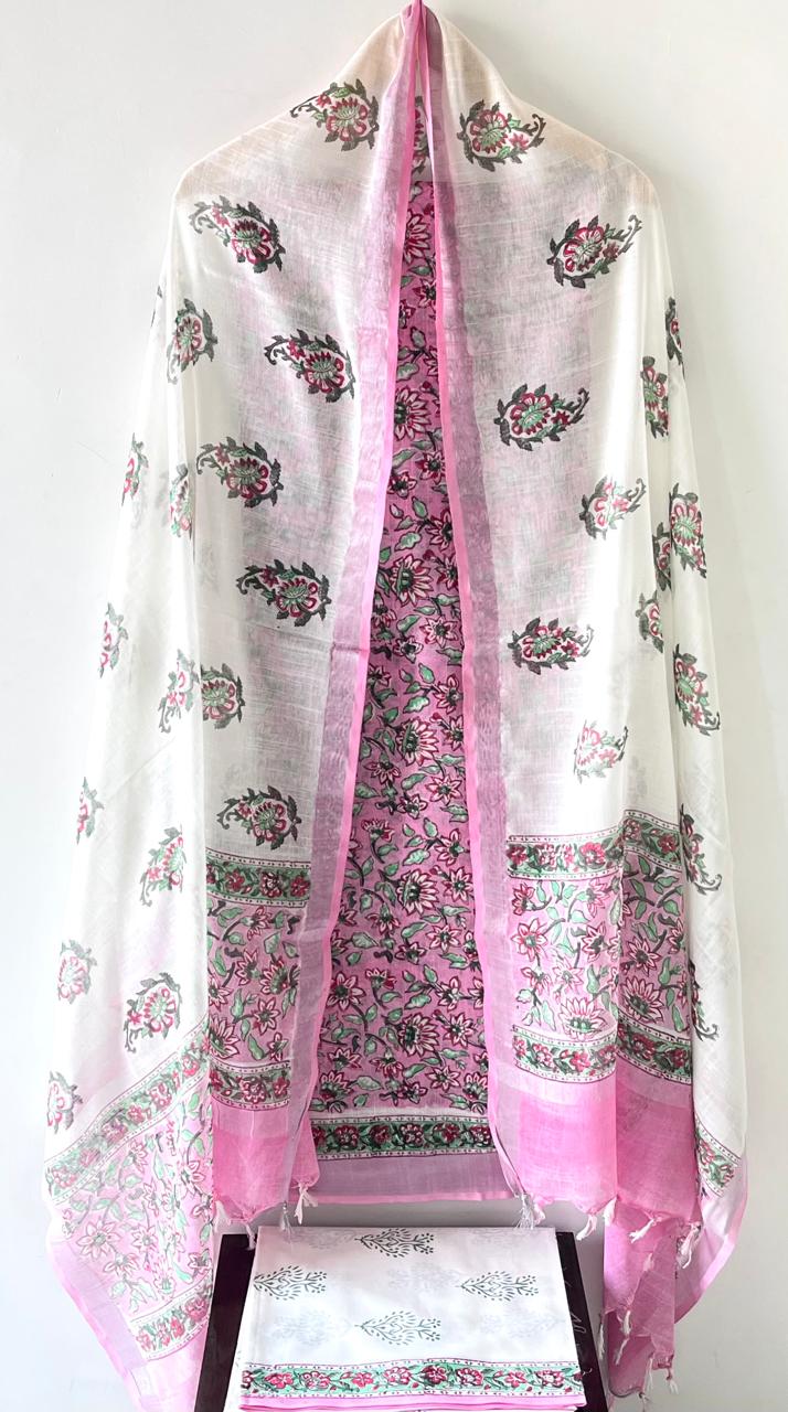 Premium Cotton Linen Hand Block Printed Cotton Linen Suit Set