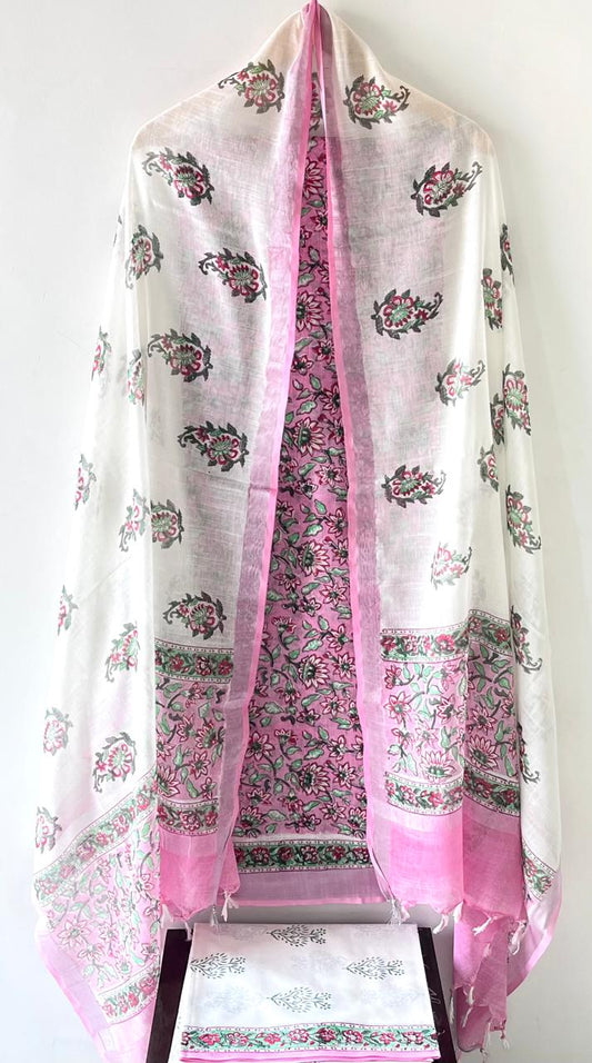 Premium Cotton Linen Hand Block Printed Cotton Linen Suit Set