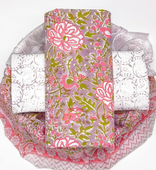 Pure Cotton Hand Block Printed Suit Set With Chiffon Dupatta