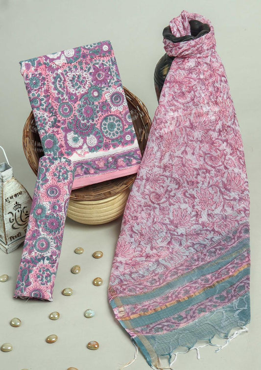 Pure Cotton Hand Block Printed Suit Set With Kota Doria Dupatta