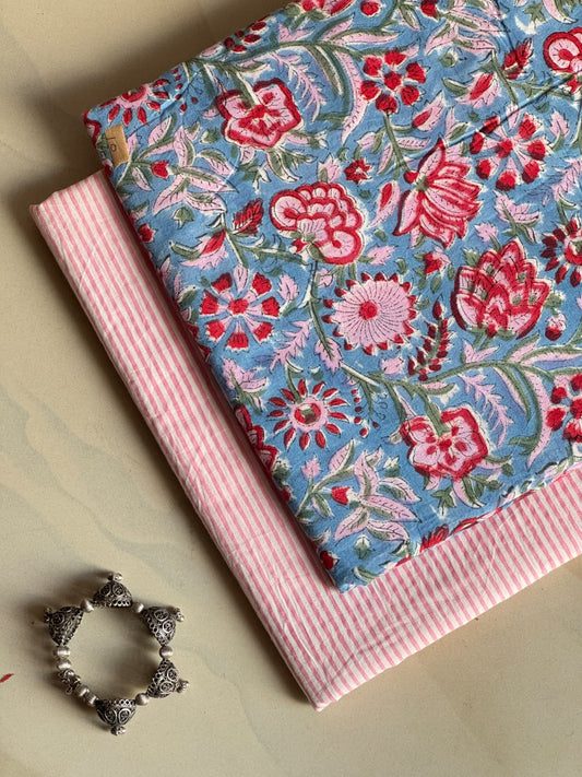 Pure Soft Cotton Handblock Printed 2PC Top-Bottom Suit Set (2.50 Meter Each)