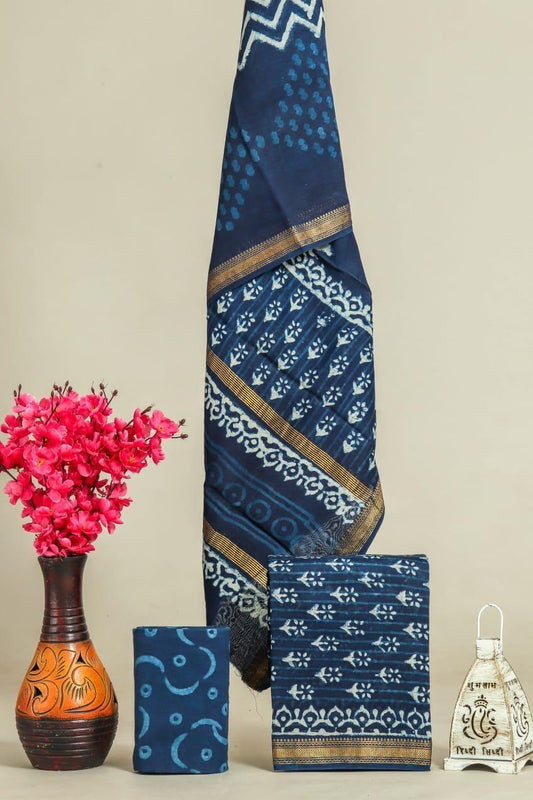 Designer Handblock Printed Maheshwari Silk Suit Set