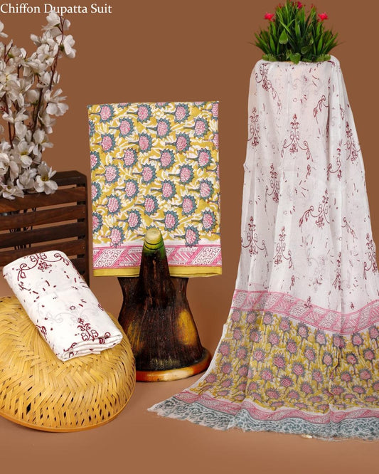 Pure Cotton Hand Block Printed Suit Set With Chiffon Dupatta