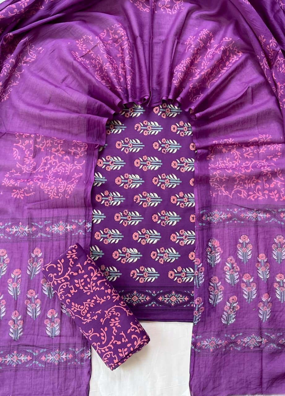 Pure Soft Cotton Hand Block Printed Suit Set With Cotton Dupatta