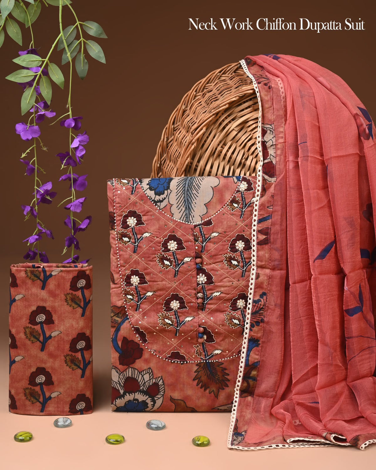 Premium Gota Patti Work Cotton Suit Set With Chiffon Dupatta