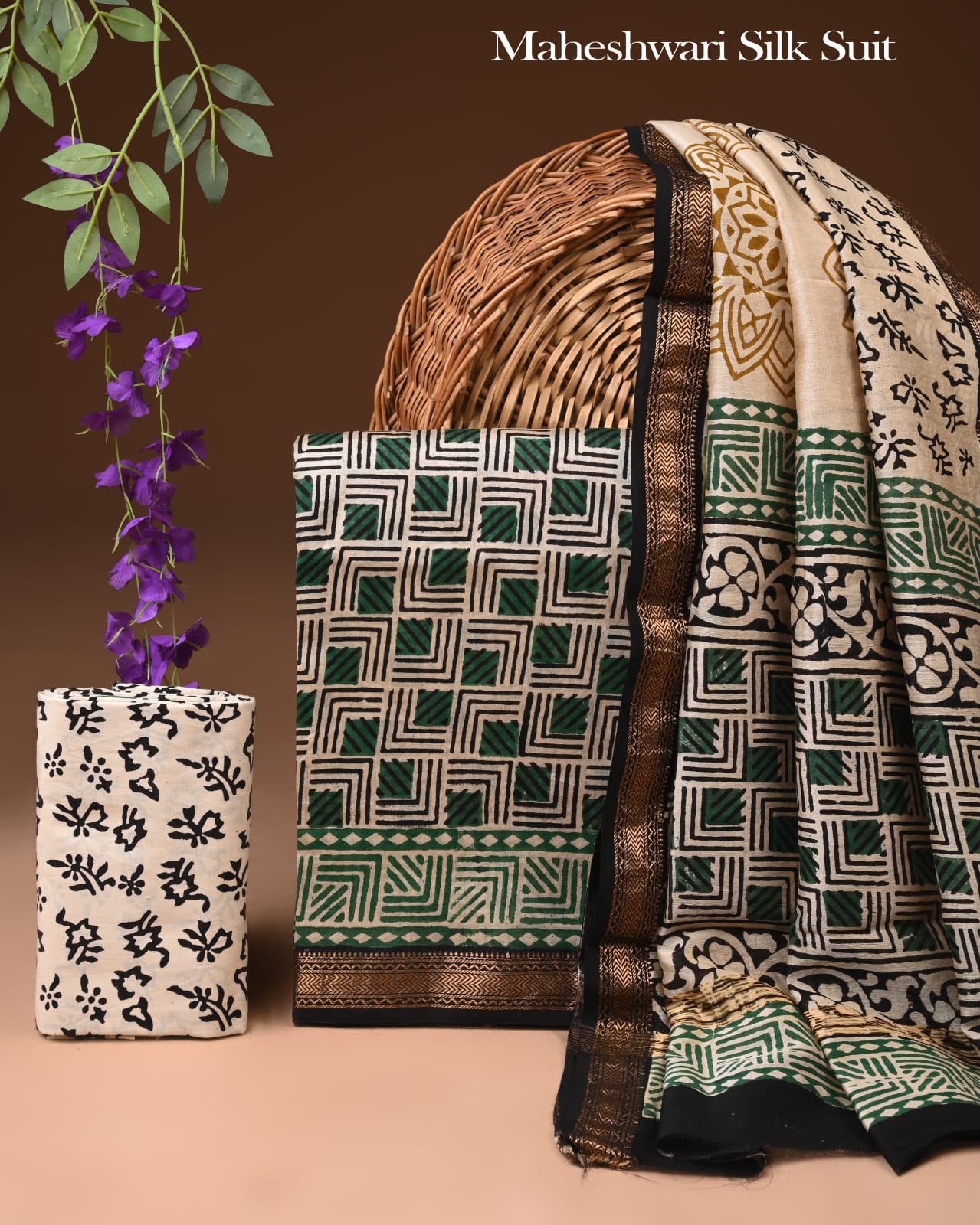 Premium Designer Handblock Printed Maheshwari Silk Suit Set