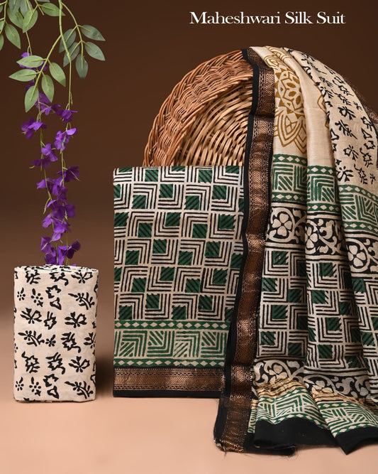 Premium Designer Handblock Printed Maheshwari Silk Suit Set