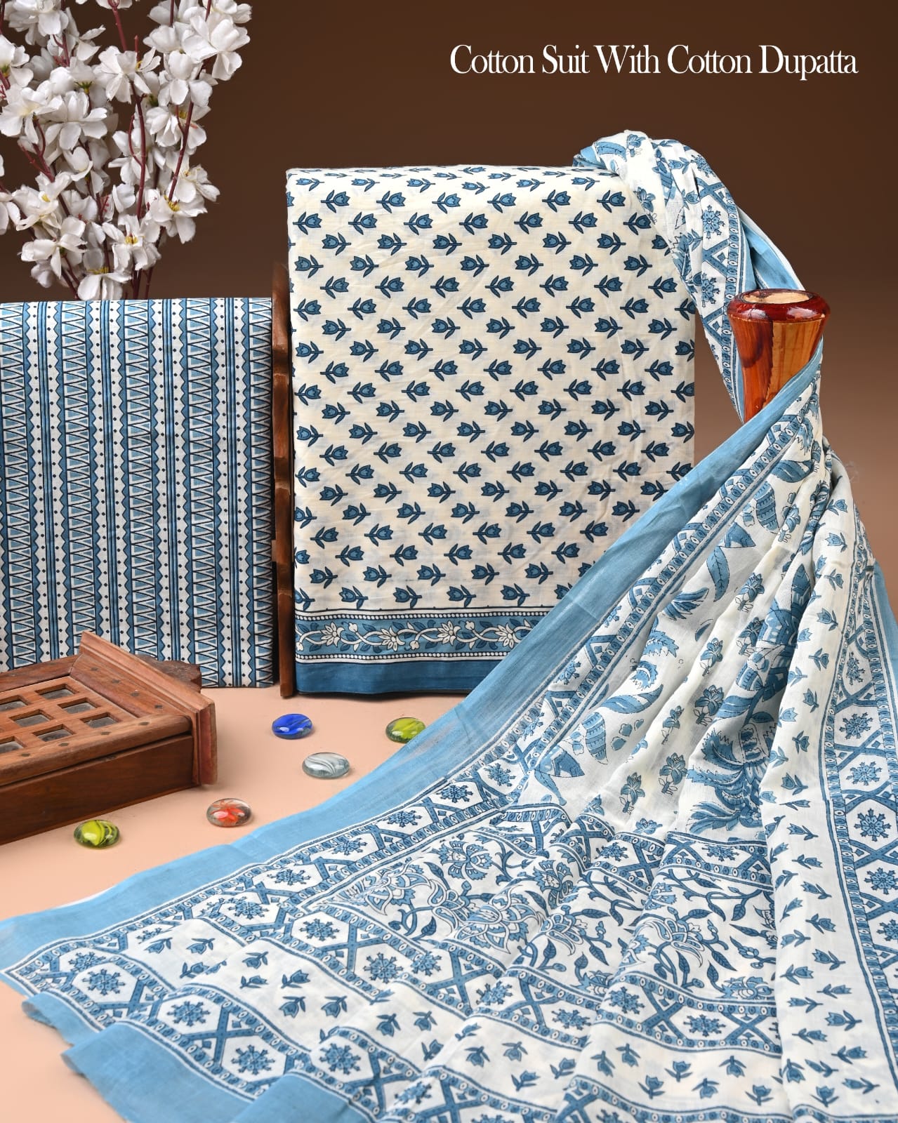 Designer Hand Block Printed Cotton Suit Set With Cotton Dupatta