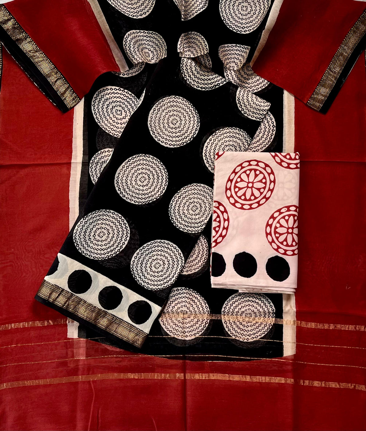 Premium Designer Handblock Printed Maheshwari Silk Suit Set